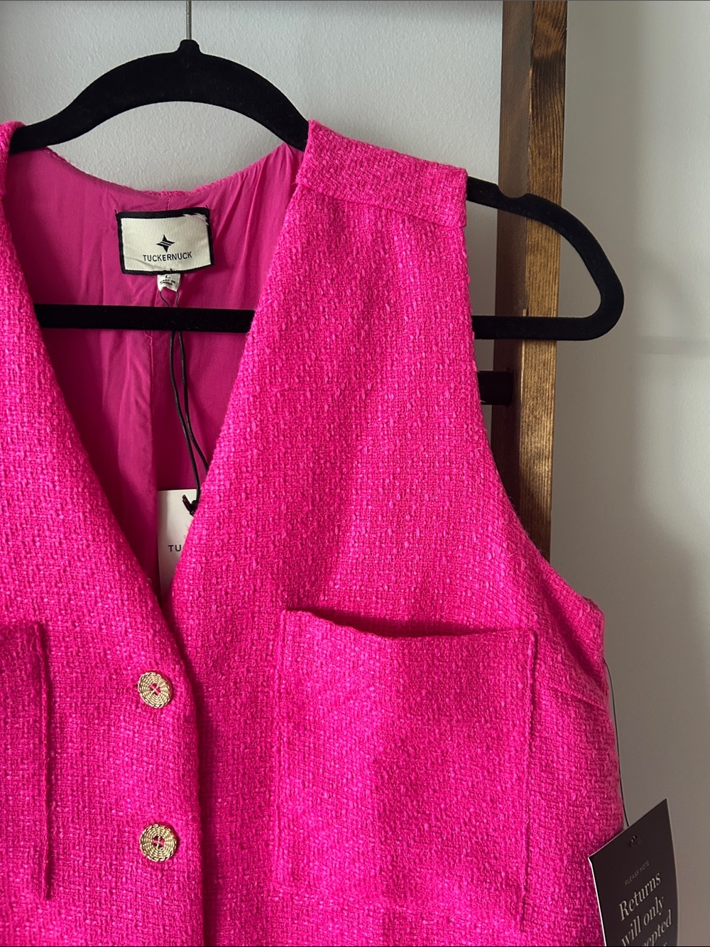 Tuckernuck Bright Pink Tweed Romper with Gold Buttons